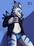 anthro black_clothing black_nose black_shirt black_topwear blue_body blue_briefs blue_clothing blue_fur blue_skin blue_stripes blue_underwear briefs bulge clothed clothing container cup fur heart_symbol holding_container holding_cup holding_mug holding_object looking_at_viewer male mug open_clothing open_shirt open_topwear shirt simple_background snaggle_tooth solo stripes teeth text topwear underwear white_body white_fur white_skin yellow_eyes d3mo bandai_namco digimon digimon_(species) weregarurumon 2021 english_text hi_res signature