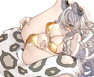 big_breasts bikini blush braided_hair breasts clothing female gold_bikini grey_hair hair looking_down lying navel on_back simple_background solo spread_legs spreading swimwear tail two-piece_swimsuit white_background gothope arknights golden_week hypergryph studio_montagne pramanix_(arknights) animal_humanoid felid felid_humanoid humanoid mammal mammal_humanoid pantherine pantherine_humanoid snow_leopard_humanoid 2025 digital_media_(artwork) hi_res