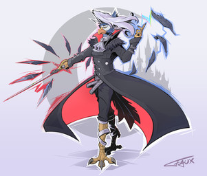 abstract_background ankle_bangle anklet bangle claws clothed clothing coat female frilly_choker hair jewelry long_hair looking_at_viewer magic melee_weapon moon rapier smug_face solo sword toe_claws topwear weapon white_hair fauxfowl castlevania dungeons_and_dragons hasbro konami wizards_of_the_coast avian bird merlin_(bird)