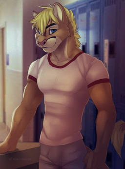 anthro biped blonde_hair blue_eyes clothing hair inside locker locker_room male muscular muscular_anthro muscular_male pink_nose smile solo standing koul kubwa cougar felid feline hybrid lion mammal pantherine 2014