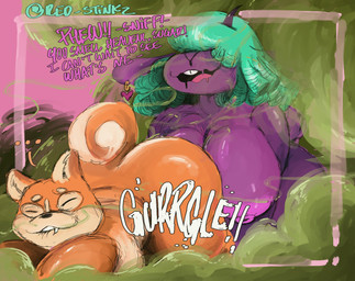 all_fours anthro big_breasts bite biting_lip biting_own_lip bodily_fluids breasts butt dialogue drooling duo ear_piercing ear_ring fart fart_cloud fart_fetish fart_sniffing female female/female fur green_fart_cloud green_hair hair hair_over_eyes huge_breasts hyper hyper_fart imminent_fart looking_pleasured nipples nude piercing purple_body purple_fur ring_piercing rumbling_stomach saliva self_bite sniffing stink_fumes stink_lines tan_body tan_fur text tongue tongue_out crimson_2020 kiki_(red_stink) monroe_(red_stink) bovid canid canine canis caprine domestic_dog goat mammal shiba_inu spitz 2025 english_text hi_res