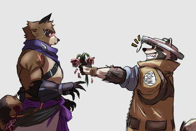 5_fingers anthro claws clothed clothed_anthro clothed_male clothing duo fingers humanoid_hands male male/male muscular muscular_anthro muscular_male scar howdypeepos epic_games fortnite hajime_(fortnite) rufus_(fortnite) canid canine mammal procyonid raccoon raccoon_dog tanuki 2026 colored hi_res