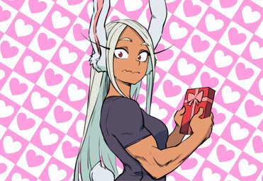 black_clothing black_shirt black_t-shirt black_topwear box breasts clothing container eyebrows eyelashes female gift gift_box hair holding_gift holding_object holidays long_ears long_eyelashes long_hair looking_at_viewer red_eyes shirt solo squiggle_mouth t-shirt topwear white_hair paraiiaxfused my_hero_academia valentine's_day rumi_usagiyama animal_humanoid humanoid lagomorph lagomorph_humanoid leporid_humanoid mammal mammal_humanoid rabbit_humanoid 2026 hi_res