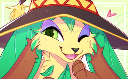 ambiguous_form ambiguous_gender black_nose brown_clothing brown_hat brown_headwear brown_inner_ear cheek_tuft clothing eyeshadow facial_tuft front_view fur green_ears green_eyes hat headgear headwear looking_aside makeup multicolored_hat one_eye_closed open_mouth open_smile pink_tongue purple_eyeshadow red_clothing red_hat red_headwear simple_background smile solo tongue tuft yellow_body yellow_clothing yellow_fur yellow_hat yellow_headwear bloominglynx nintendo pokemon eeveelution generation_4_pokemon leafeon pokemon_(species) digital_drawing_(artwork) digital_media_(artwork) hi_res