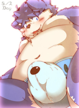 anthro belly bloom blue_eyes blush briefs bulge chest_tuft clothed clothing detailed_bulge dutch_angle fur genital_outline grin looking_at_viewer low-angle_view male moobs multicolored_body multicolored_fur navel nipples no_pupils overweight overweight_anthro overweight_male penis_outline purple_body purple_fur skimpy smile solo spread_legs spreading tan_body tan_fur tongue tongue_out topless tuft two_tone_body two_tone_fur underwear tsurugi canid canine canis mammal wolf hi_res