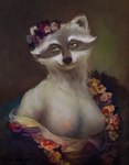 2019 anthro areola breasts brown_body brown_fur clothed clothing exposed_breasts facial_markings female flower_on_head fur grey_body grey_fur half-length_portrait head_markings hi_res ira-arn looking_at_viewer mammal markings mask_(marking) nipples portrait procyonid raccoon simple_background smile solo topwear