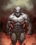 abs anthro big_chest big_legs big_muscles bottomwear clothed clothing ears_up fantasy fog foggy_background grey_body intimidation lava loincloth loincloth_only male multi_teeth muscular orange_light quads red_background rock scar scary simple_background snout solo spikes stronger teeth teeth_showing terrifying toned_muscles topless buckovskiart darkfantasy mythology draconic dragon monster mythological_creature mythological_scalie scalie 4:5 absurd_res hi_res