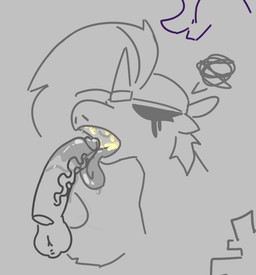 ambiguous_form annoyed backwards_hat balls bodily_fluids clothing cum cum_in_mouth cum_inside disembodied_penis eyelashes female genital_fluids genitals hat headgear headwear horn humanoid_genitalia humanoid_penis oral oral_penetration penetration penis solo vein veiny_penis poundfulpanda loveweb mythology cybermare_(loveweb) equid equine horse mammal mythological_creature mythological_equine pony unicorn sketch