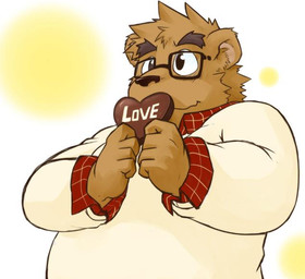 anthro brown_body brown_fur candy chocolate clothing dessert eyewear food fur glasses humanoid_hands male overweight overweight_anthro overweight_male shirt simple_background solo text topwear inuryu bear mammal 2015