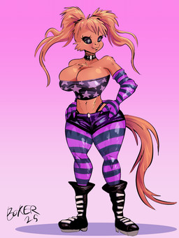 big_breasts black_boots black_choker black_clothing black_eyes black_footwear black_jewelry black_necklace boots bottomwear breasts choker cleavage clothed clothing female footwear fur gradient_background highleg highleg_underwear hotpants jewelry legwear midriff necklace orange_body orange_fur pattern_clothing pattern_legwear pink_background shoes shorts simple_background solo star_print star_print_topwear striped_clothing striped_legwear stripes tail text twintails_(hairstyle) underwear white_background wide_hips boker glorpina_(boker) alien gnarpian artist_name full-length_portrait portrait signature