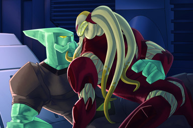 ambiguous_gender armor bodysuit clothing crystal crystal_body detailed_background duo eye_contact green_body green_markings grey_clothing holding_partner light looking_at_another looking_at_partner male markings pink_eyes red_clothing sitting skinsuit teeth_showing tentacles tight_clothing yellow_eyes lumen_fox ben_10 cartoon_network myaxx tetrax_shard alien chimera_sui_generis crystal_creature elemental_creature humanoid mineral_fauna petrosapien 3:2 absurd_res hi_res lighting shaded signature female_(lore)