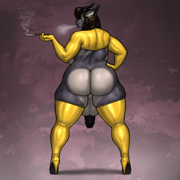 anthro backsack balls big_butt biped boots butt cigarette circumcised clothing ear_piercing ear_ring facial_piercing flaccid footwear genitals gynomorph high_heeled_boots high_heels horn huge_butt humanoid_genitalia humanoid_penis intersex latex looking_at_viewer looking_back nose_piercing nose_ring penis perineum piercing ring_piercing shoes simple_background smoking solo kostos_art mythology vam_(vamquix) dragon mythological_creature mythological_scalie scalie 1:1 hi_res