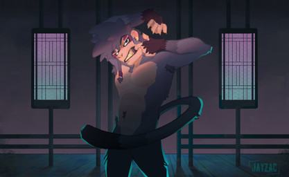 abs anthro armpit_hair athletic athletic_anthro athletic_male body_hair convenient_censorship detailed_background ear_piercing fangs fur grey_body grey_fur looking_at_viewer male misleading_thumbnail navel nipples nude pecs piercing smile solo tail tail_censorship teeth jayzac jason_(gzdraws) wukong haplorhine mammal monkey primate absurd_res censored hi_res