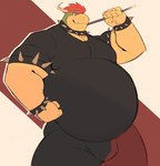 5_fingers anthro armband belly big_belly big_muscles black_bottomwear black_clothing black_pants black_shirt black_t-shirt black_topwear bottomwear bracelet bulge clothing collar eyebrows fangs fingers fist golf_club grin hair holding_object horn jewelry male musclegut muscular muscular_anthro muscular_male obese obese_anthro obese_male overweight overweight_anthro overweight_male pants pecs red_eyebrows red_hair shadow shirt simple_background smile solo spiked_armband spiked_bracelet spiked_collar spikes t-shirt teeth thick_thighs topwear white_horn tkckid mario_bros mario_golf nintendo bowser koopa scalie hi_res