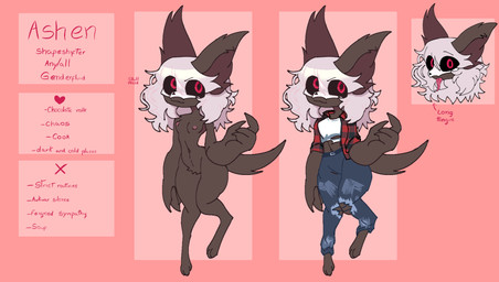 ambiguous_gender anthro black_body black_sclera bone bone_mask bottomwear breasts brown_body brown_fur clothed clothing curly_hair denim denim_bottomwear denim_clothing fur hair jeans long_ears long_tongue mask pants pink_hair red_eyes skull skull_head skull_mask small_breasts solo tail text thick_thighs tongue tongue_out wide_hips aurihev_(artist) ashen_(aurihev) canid canine canis mammal wolf absurd_res english_text hi_res model_sheet genderfluid_(lore)