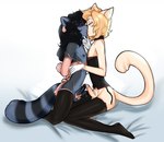 anthro black_hair blonde_hair bodily_fluids clothed clothing crossdressing cum duo femboy french_kissing frottage genital_fluids gloves hair handwear kissing legwear lingerie male male/male penile sex simple_background stockings white_background helloggi domestic_cat felid feline felis mammal procyonid raccoon 2017 digital_drawing_(artwork) digital_media_(artwork)