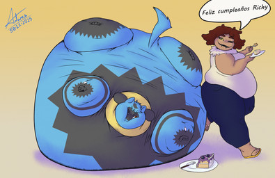 3_toes 4_fingers anthro birthday black_body black_fur blouse blue_body blue_fur blueberry_(fruit) bottomwear brown_body brown_eyes cake cheesecake chelicerae chubby_arms clothed clothing curly_hair cutlery denim denim_bottomwear denim_clothing dessert dishes duo facial_markings feet female fingers food fork fruit fur glowing glowing_eyes grey_body grey_fur grumpy hair head_markings inflation jeans kitchen_utensils love_handles male markings neck_tuft one_eye_closed overweight overweight_anthro overweight_female pants plant pompadour pupils spherical_inflation sunken_limbs swollen_cheeks tail text thick_thighs toes tools topwear triangular_ears tuft unusual_pupils yellow_body yellow_eyes yellow_fur antares_alexanyel nintendo pokemon richiolu_(richyminer) tarantela_latreille arachnid arthropod generation_4_pokemon mygalomorph pokemon_(species) riolu spider tarantula hi_res spanish_text