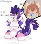 anthro blush brown_body brown_fur brown_hair clean_diaper clothed clothing collar dialogue diaper duo femboy fur hair kemono kneeling legwear looking_at_viewer male phone_call purple_hair short_hair simple_background tail thigh_highs wearing_diaper wetness_indicator white_diaper yellow_eyes dreamyart mythology flexy_(dreamyart) koruko domestic_cat dragon felid feline felis hybrid mammal mythological_creature mythological_scalie scalie unknown_species hi_res