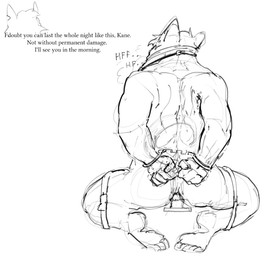 anthro bdsm blindfold bound cuff_(restraint) deep_penetration feet forced gag gagged handcuffed handcuffs hands_behind_back hands_tied hands_tied_behind_back internal long_dildo male metal_cuffs muscular muscular_male penetration rape restrained restraints sex solo text taoistdeviant echo_(series) echo_project the_smoke_room kane_dunbar william_adler canid canine canis mammal wolf english_text monochrome