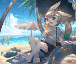 4_toes 5_fingers ahoge anthro barefoot beach beverage black_bottomwear black_clothing black_nose black_shorts blue_clothing blue_eyes blue_shirt blue_topwear boat bottomwear clothed clothing container crossed_legs cup detailed_background dipstick_ears drinking ear_markings ears_up feet fingers food footwear fruit fur glistening grey_hair hair hindpaw kemono lemon light light_beam looking_away male melon multicolored_ears open_mouth palm_tree paws pink_inner_ear plant plantigrade pool_toy purse sailing_boat sailing_watercraft sand sandals sea seaside shirt shoes shoes_removed shorts sitting soles solo striped_body striped_ears striped_fur stripes sunbeam sunlight surfboard toes topwear towel tree umbrella vehicle water watercraft watermelon white_body yellow_ears young young_anthro emolga_1 aquatic asterozoan echinoderm lagomorph leporid mammal rabbit starfish 2021 detailed digital_media_(artwork) digital_painting_(artwork) full-length_portrait hi_res painting_(artwork) portrait