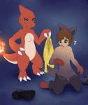 2015 andromorph canid canine charmeleon duo featureless_crotch feral fire flaming_tail gender_transformation generation_1_pokemon generation_5_pokemon genitals hair hi_res intersex jaki-kun_(character) male mammal meraence nintendo orange_body orange_skin pokemon pokemon_(species) pussy tail teats transformation zorua