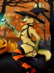 anthro bottomwear breasts clothing collar female food fruit genitals holidays jack-o'-lantern legwear pants plant pumpkin pussy smile solo stockings wet caatnip halloween canid canine mammal hi_res