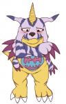 ambiguous_gender animal_skin blush crossed_arms front_view horn looking_down slightly_chubby solo standing feline-fattale bandai_namco digimon digimon_(species) gabumon scalie