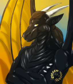 anthro arm_markings black_body brown_hair crossed_arms fangs hair horn looking_at_viewer male male_anthro markings membrane_(anatomy) membranous_wings mouth_closed nude ponytail solo teeth white_horn wings yellow_eyes yellow_wings solaxe_(artist) mythology dragon mythological_creature mythological_scalie scalie bust_portrait portrait