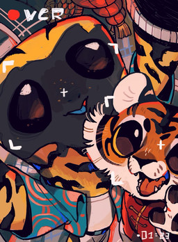 anthro belt black_nose blue_tongue bottomwear camera_view clothing duo fangs female looking_at_viewer looking_up multicolored_body open_mouth orange_body pants pawpads shirt striped_body stripes tank_top teeth tongue topwear white_body yellow_eyes young young_anthro juanmao1997 wang_xiaoxiao_(juanmao1997) felid mammal pantherine tiger