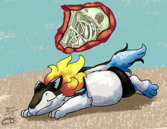 abdominal_bulge blue_eyes bodily_fluids bone countershading death digestion drooling feral feral_pred feral_prey internal male male_pred male_prey markings mottled mottled_body organs paws purple_body quadruped red_markings saliva skeleton skull stomach stomach_acid tan_body vore gyrotech silent_e nintendo pokemon blitz_(gyro) fan_character generation_2_pokemon pokemon_(species) quilava typhlosion