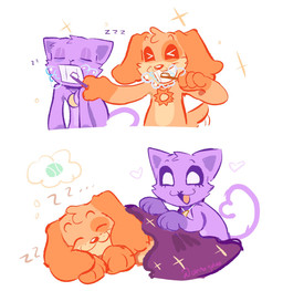 anthro ball bedding blanket brush duo eyes_closed heart_symbol jewelry male necklace open_mouth simple_background sleeping sound_effects tongue toothbrush vowelless vowelless_sound_effect white_background zzz ohnoyoloo mob_entertainment poppy_playtime smiling_critters catnap_(poppy_playtime) dogday_(poppy_playtime) canid canine canis critters_(poppy_playtime) domestic_cat domestic_dog felid feline felis mammal hi_res
