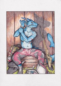 anthro armor backpack bandage bandaged_arm blood bodily_fluids border bottomwear box camo camo_bottomwear camo_clothing camo_pants camo_print clenched_teeth clothed clothing container detailed_background digitigrade footwear front_view furgonomic_footwear furgonomic_headwear furgonomics grass gun headgear helmet horn male medkit membrane_(anatomy) outside pants pattern_bottomwear pattern_clothing pattern_pants plant ranged_weapon rifle scar sitting solo teeth topless weapon webbed_hands white_border hym_(artist) project_silverfish kobold scalie 2026 hi_res