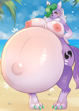 3_toes anthro areola beach belly big_belly big_breasts black_sclera breasts claws feet female fur glistening glistening_belly glistening_body glistening_breasts green_hair hair hand_on_hip huge_belly hyper hyper_belly hyper_pregnancy linea_nigra navel nipples outie_navel pink_areola pink_nipples pregnant pregnant_anthro pregnant_female purple_body purple_fur sea solo toe_claws toes water white_body white_fur yellow_eyes grozza bandai_namco digimon canid digimon_(species) mammal renamon 2025 hi_res