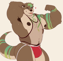 5_fingers anthro areola arm_markings armpit_hair bangs barazoku biceps big_bulge big_muscles big_pecs biped blue_eyes bodily_fluids body_hair brown_areola brown_armpit_hair brown_body brown_ear brown_eyebrows brown_fur brown_hair brown_nipples brown_nose brown_pubes bulge chest_markings claws closed_smile clothed clothed_anthro clothed_male clothing countershade_face countershade_fur countershade_legs countershade_tail countershade_torso countershading ear_piercing ear_ring eyebrows finger_claws fingers fishnet_clothing fishnet_shirt fishnet_tank_top fishnet_topwear fist flexing flexing_bicep fur gold_ear_ring green_highlights green_markings hair hand_behind_head heart_symbol highlights_(coloring) huge_muscles humanoid_hands jockstrap looking_at_viewer male male_anthro markings monotone_background mouth_closed multicolored_body multicolored_fur muscular muscular_anthro muscular_male navel nipples pecs piercing pink_tongue pubes red_clothing red_jockstrap red_underwear ring_piercing shirt simple_background smile smiling_at_viewer solo standing sweat tail tail_markings tan_body tan_countershading tan_fur text text_on_jockstrap three-quarter_view tongue tongue_out topwear triceps two_tone_body two_tone_fur underwear theor rye_(ryeboi760) mammal mustelid otter digital_media_(artwork) english_text flat_colors hi_res portrait three-quarter_portrait