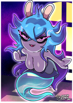 bare_shoulders big_breasts blue_hair blush border breasts cleavage clothed clothing dress fangs female glowing glowing_eyes gradient_hair hair hair_between_eyes long_hair looking_at_viewer multicolored_hair open_mouth pink_eyes purple_background purple_clothing purple_dress purple_hair simple_background smile solo teeth translucent two_tone_hair white_body white_border white_skin window skajrzombie raving_rabbids rayman_(series) ubisoft midnite_(mario_plus_rabbids) ghost lagomorph leporid mammal rabbid rabbit spirit 2022 hi_res