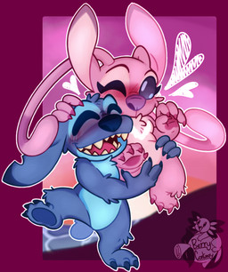 4_toes antennae_(anatomy) antennae_markings anthro biped blue_body blue_claws blue_fur blue_markings blue_nose blue_pawpads blush canon_couple carrying_another chest_markings chest_tuft claws dipstick_ears duo ear_markings eyelashes eyes_closed feet female finger_claws fur hand_on_head happy head_tuft heart_symbol long_antennae male markings multicolored_ears on_one_leg one_eye_closed open_mouth open_smile outline pawpads pink_body pink_fur purple_claws purple_eyes purple_markings purple_nose purple_pawpads romantic romantic_couple small_tail smile standing sunset tail toe_claws toes tuft water white_markings berrycontrary disney lilo_and_stitch angel_(lilo_and_stitch) stitch_(lilo_and_stitch) alien experiment_(lilo_and_stitch) 2023 digital_drawing_(artwork) digital_media_(artwork) hi_res watermark
