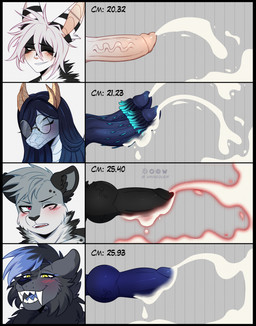 2_penises anthro black_border blush bodily_fluids border chart colored_cum cum cumshot ear_piercing ejaculation excessive_cum excessive_genital_fluids eyewear genital_fluids genitals glasses group hybrid_genitalia hybrid_penis knot knotted_penis male multi_genitalia multi_penis orgasm_face penile_spines penis penis_chart piercing red_cum unusual_bodily_fluids unusual_cum unusual_genital_fluids vein veiny_penis hainequem penis_lineup eren_kline_(mofurrx) storm_accetta_(stormthesnep) canid canine felid fennec_fox fox hybrid mammal pantherine prehistoric_species saber-toothed_tiger snow_leopard true_fox hi_res