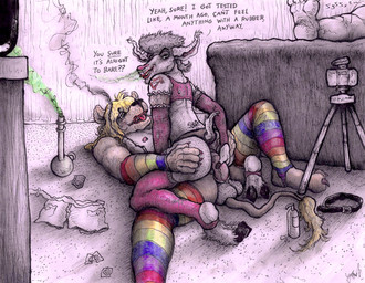 2_toes 5_fingers anal anal_penetration animal_genitalia anthro armwear balls bareback bed black_text blonde_hair body_hair bong bottomwear butt_hair camera cigarette clothed clothed_sex clothing collar colored_nails condom condom_wrapper cowgirl_position crossdressing dialogue dirty_talk drugs duo exhaling_smoke feet femboy fingers from_front_position fur furniture genitals green_smoke grin hair hairy_balls hand_on_butt hand_on_penis leggings legwear lipstick long_hair looking_back lying makeup male male/male male_on_bottom male_on_top male_penetrated male_penetrating male_penetrating_male marijuana mostly_offscreen_character multicolored_clothing multicolored_legwear nails nipples on_back on_bottom on_top penetration penis pink_clothing pink_leggings pink_nipples pink_nose poofy_hair rainbow_clothing rainbow_leggings rainbow_legwear red_nails sex sexual_barrier_device shirt shorts sleeping smile smoke smoke_from_nose sound_effects squirt_bottle tank_top text toes topwear tripod vowelless vowelless_sound_effect white_body white_fur zzz yagi_b._(artist) yagi_b. bovid caprine felid goat lion mammal pantherine 2020 absurd_res english_text hi_res traditional_media_(artwork)