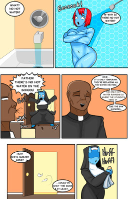 2_horns anthro bathing big_breasts blue_body blue_eyes breasts female hair horn male priest red_hair shower showering soap text thick_thighs augmentedleaves lilith_(augmentedleaves) bicorn equid equine human mammal absurd_res comic english_text hi_res