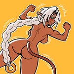 :3 back_boob breasts butt dark_body dark_skin fangs female flexing flexing_bicep hair humanoid_pointy_ears looking_at_viewer looking_back muscular muscular_female nude rear_view simple_background solo tail teeth white_hair yellow_background shameful-display outlaw_star aisha_clanclan animal_humanoid cat_humanoid ctarl-ctarl felid felid_humanoid feline feline_humanoid humanoid mammal mammal_humanoid 1:1