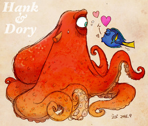 blue_body blue_eyes duo eyes_closed female feral fish_tail heart_symbol kissing male orange_body orange_tentacles tail tentacles text yellow_tail ebijoshi disney finding_dory finding_nemo pixar dory_(finding_nemo) hank_(finding_dory) acanthurid fish giant_pacific_octopus marine regal_tang 2016 english_text japanese_text
