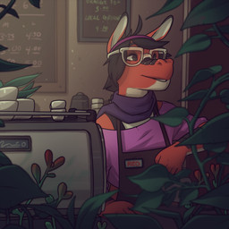 accessory anthro apron clothing coffee_cup coffee_mug container cup eyewear glasses headband light male name_tag plant price solo sunlight lundi red_(glopossum) lizard reptile scalie 1:1 2015 nonbinary_(lore)