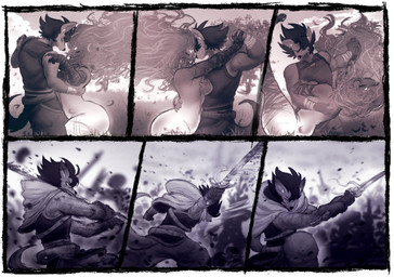 anthro arm_wraps belt black_hair blood bodily_fluids breasts clothed clothing curvy_figure dancing eyes_closed female gloves group hair handwear holding_object holding_weapon hood inner_ear_fluff male male/female medium_breasts melee_weapon muscular muscular_anthro muscular_male short_hair spiky_hair sword tail tuft violence weapon wraps itzjaylock animate_inanimate canid canine living_melee_weapon living_sword living_weapon mammal comic hi_res