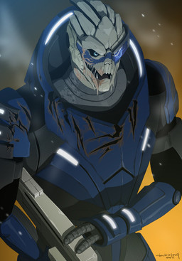 armor facial_scar gun looking_aside male open_mouth ranged_weapon scar sharp_teeth solo teeth weapon doubleleaf bioware electronic_arts mass_effect garrus_vakarian alien turian 2011