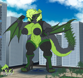 abs anthro areola bicep_curl big_areola big_breasts big_muscles big_nipples black_body black_clothing black_nipples blue_sky boots breasts building city city_background claws clothing colored_nails digitigrade female fingerless_gloves footwear forked_tongue genitals gloves green_body green_claws green_clothing green_eyes green_hair green_horn green_nails green_scales hair handwear high_heeled_boots high_heels high_top_shoes horn huge_areola huge_breasts huge_muscles huge_nipples legwear logo long_hair long_tongue macro macro_female muscular muscular_anthro muscular_female nails nipples plant presenting scales shoes sky skyscape skyscraper sleeveless_jacket solo street tail text thick_tail thigh_highs tongue tree vulva wings knockedoutdragon capcom monster_hunter kaya_(knockedoutdragon) flying_wyvern nargacuga artist_logo english_text hi_res watermark
