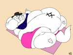 2018 2_toes 3_fingers 4:3 anthro bandeau bandeau_bikini bar_emanata batspid2 beach_towel belly belly_markings big_belly big_breasts biped black_clothing black_headwear blep bottomwear breasts clothing digital_drawing_(artwork) digital_media_(artwork) double_chin emanata eyelashes feet female fingers flabby_arms flat_colors floppy_ears full-length_portrait fupa fur hand_behind_head hat headgear headwear huge_belly huge_thighs hyper hyper_belly hyper_hips hyper_thighs lop_ears lying markings midriff morbidly_obese morbidly_obese_anthro morbidly_obese_female obese obese_anthro obese_female on_back one_eye_closed overweight overweight_anthro overweight_female pink_bottomwear pink_clothing pink_tongue portrait purple_clothing purple_topwear runes short signature solo tail thick_thighs toes tongue tongue_out topwear towel unknown_species what white_body white_fur wink