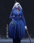 anthro big_breasts bodypaint breasts clothing dress face_paint female flask hair hair_over_eye hand_behind_back holding_object holding_weapon runes solo staff text weapon hiverdose last_fables eni_siverets_(last_fables) hare lagomorph leporid mammal hi_res translated