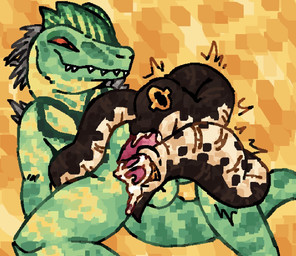 2_penises animal_genitalia animal_penis anthro anthro_on_feral balls bestiality black_body bodily_fluids cloaca cloacal cloacal_penetration cum cum_in_cloaca cum_in_mouth cum_inflation cum_inside cum_on_penis duo emanata fellatio female feral genital_fluids genitals green_body hemipenes inflation male male/female multi_genitalia multi_penis multicolored_body oral orange_eyes penetration penile penis sex simple_background sitting smile stretched_cloaca tail white_body yellow_background yellow_eyes scaliescum suddenly_egyptian_gods sa-ta_(seg) reptile scalie snake