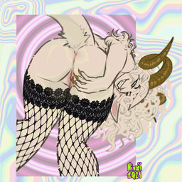 anthro butt clothing curly_hair female fishnet_clothing fur genitals hair horn presenting rear_view solo vulva white_body white_fur niuxii bovid caprine goat hybrid mammal sheep animated animated_gif hi_res short_playtime