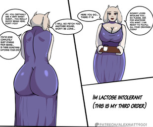 anthro big_breasts big_butt breasts butt clothed clothing dairy_products dialogue feet female food fur horn huge_breasts huge_butt huge_thighs mature_anthro mature_female milk purple_clothing simple_background solo text thick_thighs toes white_background white_body alexmatt9001 deltarune undertale undertale_(series) toriel toriel_(deltarune) boss_monster_(undertale) bovid caprine goat mammal absurd_res comic english_text hi_res